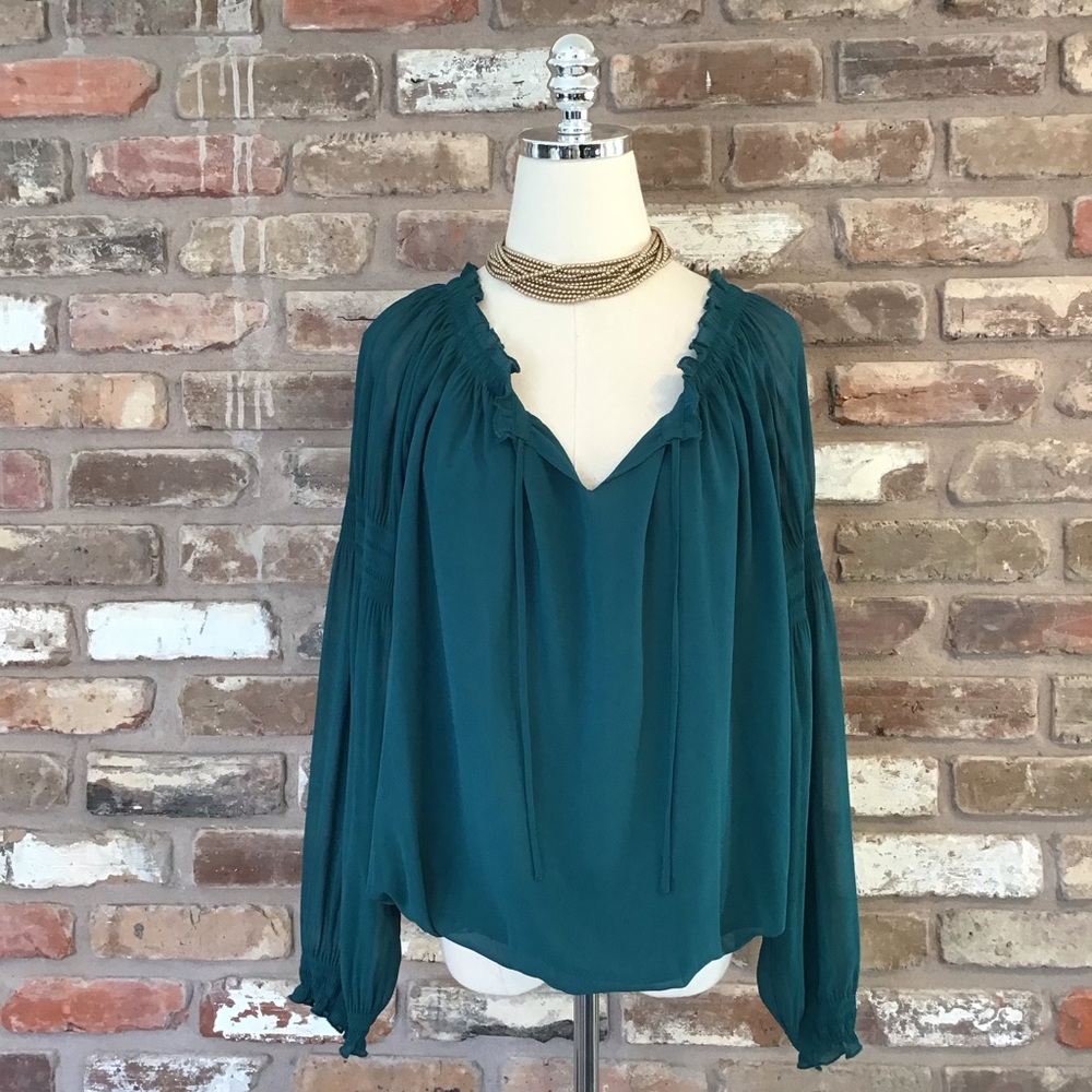 EXPRESS Women's Teal Long Sleeve Peasant Tie V-neck Blouse Top M - Picture 2 of 6